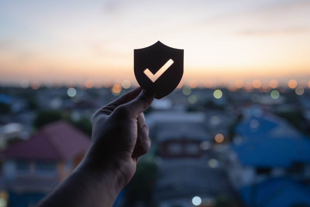 A person showcasing a shield in front of a city as part of our mission statement.