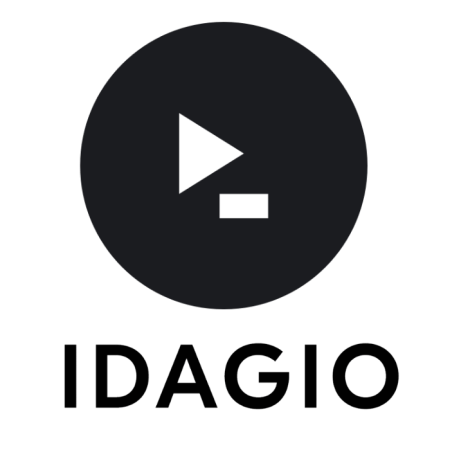 The image features the IDAGIO Premium Plus - 1 Month logo, with a white play button and a hyphen inside a solid black circle. Below this distinct emblem, "IDAGIO" is prominently displayed in bold black uppercase letters.