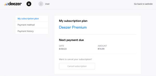 Deezer Premium payment page screenshot.