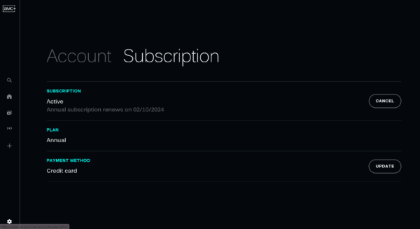 A screen shot of the AMC Plus account subscription screen.