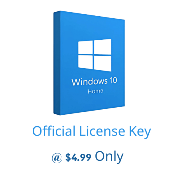 Blue box for Windows 10 Home with the text "Official License Key priced at just $4.99" below it.