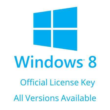 A blue logo featuring Windows 8 with the text: "Genuine Windows 8 License Key, Available for All Versions" in blue lettering.