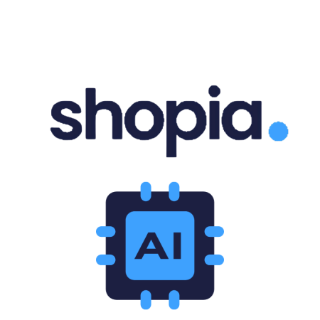 The logo displays the name "Shopia AI" in dark blue, enhanced by a light blue dot and a stylized microchip emblem with the initials "AI" appearing below.