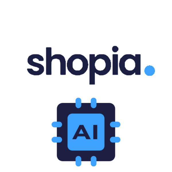 The logo displays the name "Shopia AI" in dark blue, enhanced by a light blue dot and a stylized microchip emblem with the initials "AI" appearing below.